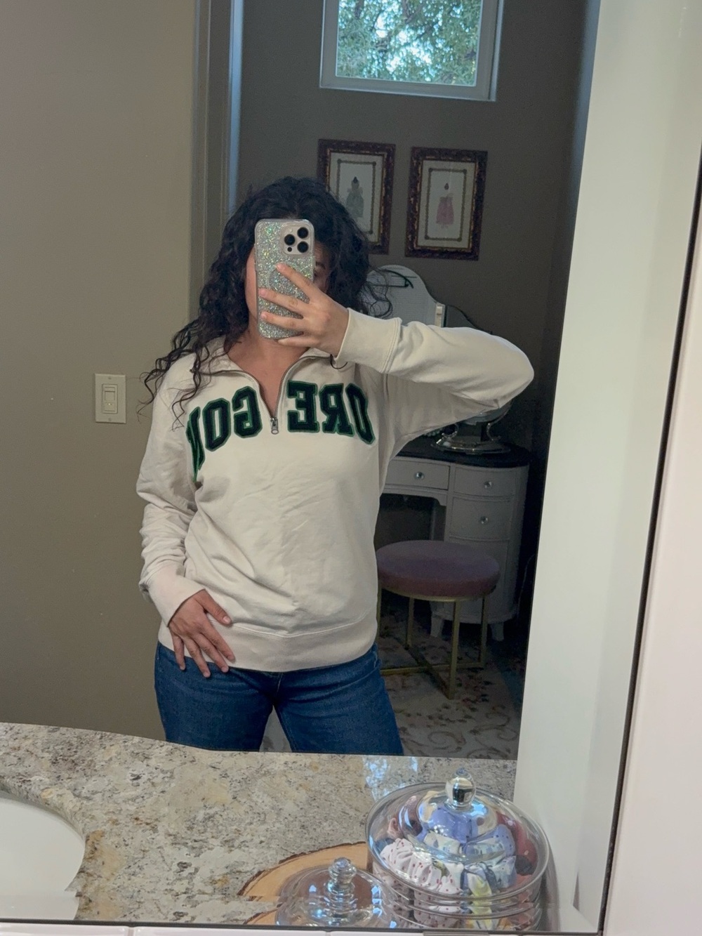 University of Oregon Cream Half-Zip Hoodie with Green Lettering